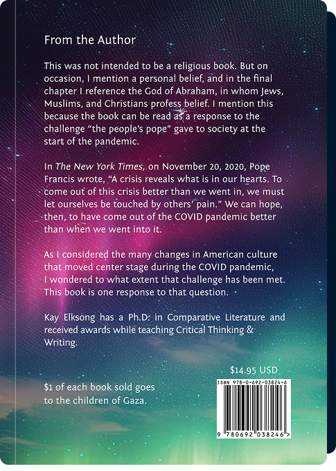 Book back cover with “From the Author” note discussing COVID-19, faith, and society by Kay Elksong